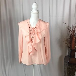 RUE 21 Lace Up Pastel Pink Ruffle Blouse